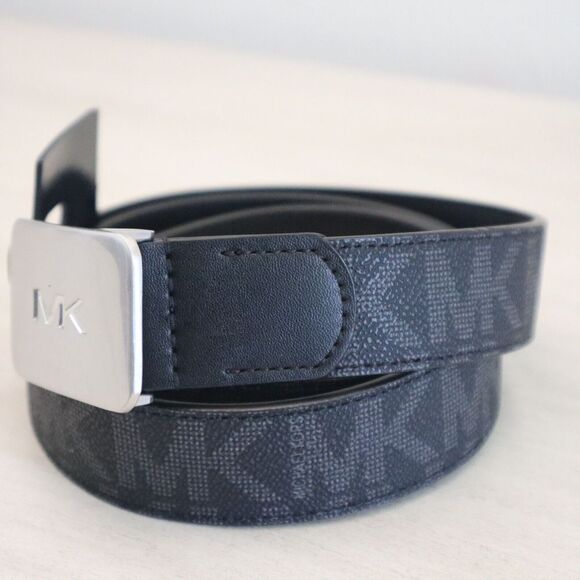 Michael Kors 86S3SBLY7B Men's Sz 36 Black MK Print - Silver MK Plaque Belt - Picture 2 of 9